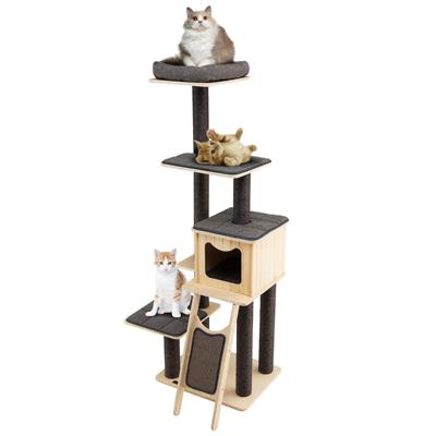 Krabpaal 175 cm Hoog Kattenhuis met Sisal Stammen en Krabplank Kattenkrabpaal Modern Kattenmeubel met 6 Verdiepingen Grijs