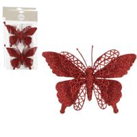 Kerstboomversiering Vlinder - 4x stuks - 16 cm - rood glitter - op clip
