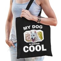 Witte herder honden tasje zwart volwassenen en kinderen - my dog serious is cool kado boodschappenta - thumbnail