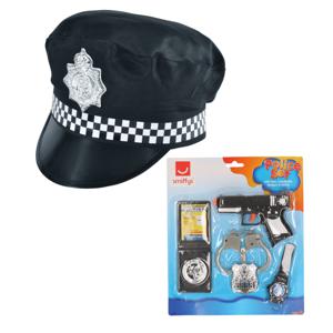 Carnaval verkleed politie agent set - pet/cap zwart met zilveren badge - pistool/badge/handboeien