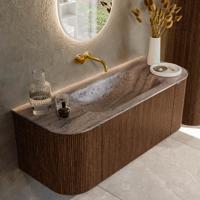 Badmeubel Mondiaz Kurve-Dlux | 120 cm | Meubelkleur Walnut | Wastafelkleur Oza | Solid surface | Wasbak midden spoelbak | Zonder kraangat(en)