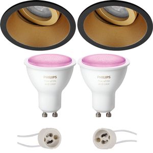 Pragmi Zano Pro - Inbouw Rond - Mat Zwart/Goud - Kantelbaar - Ø93mm - Philips Hue - LED Spot Set GU10 - White and Color Ambiance - Bluetooth