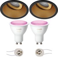 Pragmi Zano Pro - Inbouw Rond - Mat Zwart/Goud - Kantelbaar - Ø93mm - Philips Hue - LED Spot Set GU10 - White and Color Ambiance - Bluetooth