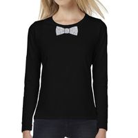 Zwart long sleeve t-shirt met zilveren strikdas voor dames 2XL  - - thumbnail