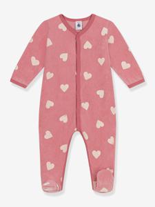 Fluwelen babypyjama met hartjesprint PETIT BATEAU roze, bedrukt