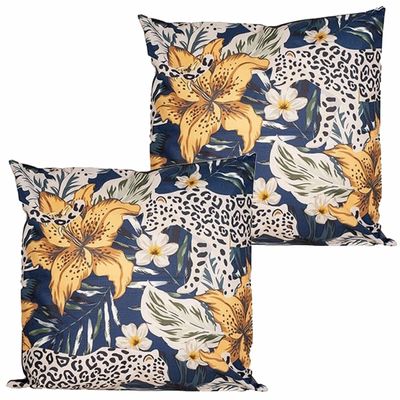 Buitenkussen bloem - 2x - blauw/geel - 45 x 45 cm - Water en UV bestendig