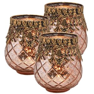 Set van 3x stuks glazen design windlicht/kaarsenhouder rose goud 9 x 10 x 9 cm