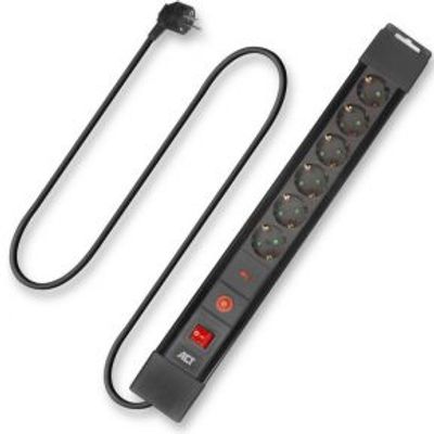 ACT Stekkerdoos met overspanningsbeveiliging en lichtgevende schakelaar, 6 sockets, 1,5 m, zwart