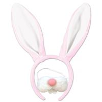 Paashaas/konijn oren - diadeem roze/wit - met tandjes/snuit - voor volwassenen - verkleed set