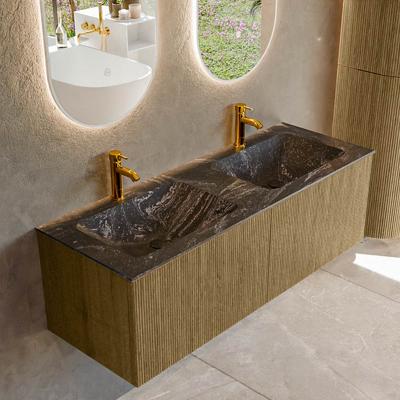 Badmeubel Mondiaz Kurve-Dlux | 130 cm cm | Meubelkleur Dusk | Wastafelkleur Lava | Solid surface | Wasbak beiden zijden spoelbak | 2 kraangaten