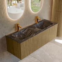 Badmeubel Mondiaz Kurve-Dlux | 130 cm cm | Meubelkleur Dusk | Wastafelkleur Lava | Solid surface | Wasbak beiden zijden spoelbak | 2 kraangaten