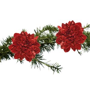 2x stuks kerstboom decoratie bloemen velvet rood op clip 16 cm - Kersthangers