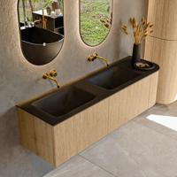 Mondiaz KURVE 155 cm Onderkast Greeploos 2 Lades Met Deuren Oak, Wastafel Solid Surface Links Urban 0 Kraangaten Zonder Spiegel (KRVCLO155R2L1D0KD-Oak/Urb)