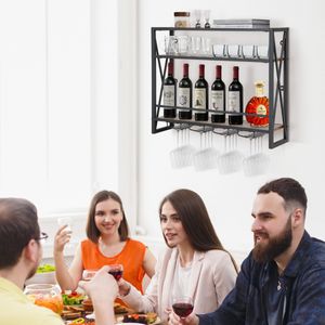 Wijnrek met 3 Niveaus Houten Flessenrek met Metalen Frame met 4 Rijen Wijnglazenhouder Ideaal voor Thuis Bar Keuken Restaurant