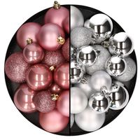 Kerstballen 60x stuks - mix oudroze/zilver - 4-5-6 cm - kunststof - Kerstbal - thumbnail