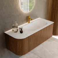 Mondiaz KURVE-DLUX 115 cm Onderkast Greeploos 1 Lade Met Deuren Walnut, Wastafel Solid Surface Rechts Opalo 1 Kraangat Zonder Spiegel (KRVBGS115L1L1D1KR-Wal/Opa)