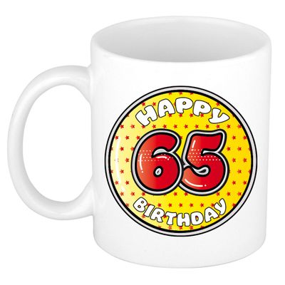 Verjaardag cadeau mok - 65 jaar - geel - sterretjes - 300 ml - keramiek