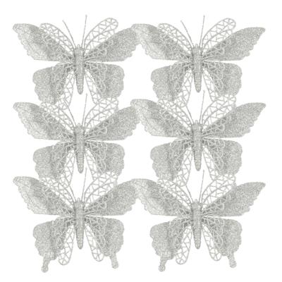 Kerstboomversiering Vlinder - 6x stuks - 16 cm - zilver glitter - op clip