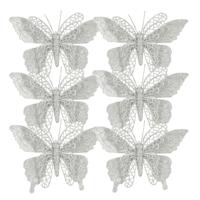Kerstboomversiering Vlinder - 6x stuks - 16 cm - zilver glitter - op clip