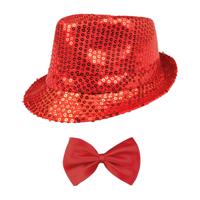 Carnaval verkleed set - hoedje en vlinderstrikje - rood - volwassenen - glitters - thumbnail