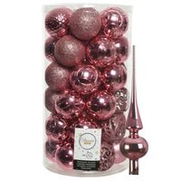 37x stuks kunststof kerstballen 6 cm incl. glanzende glazen piek lippenstift roze