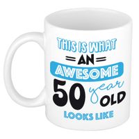 Verjaardag cadeau mok 50 jaar - blauw - grappige tekst - 300 ml - keramiek - Abraham