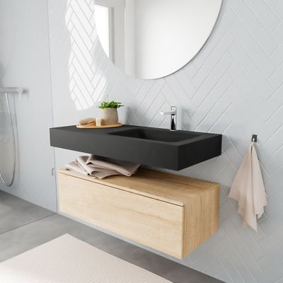 Mondiaz Alan badmeubel 100 cm washed oak 1 lade vrijhangend wastafel rechts 1 kraangat zwart