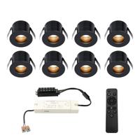 Set van 8 Olivia LED Mini Inbouwspots met Trafo - 12 Volt 3 Watt 150 lumen - Dimbaar - Verzonken - Plat 36mm - 2700K - IP44 waterdicht - Zwart - Veranda Spotjes - Overkapping Spotjes