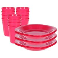 Verjaardag/kinder/camping borden/beker set - 24x stuks - roze - kunststof - onbreekbaar