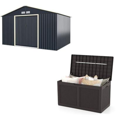 Metalen Schuur met 4 Ventilatieopeningen en Externe Kunststof Opbergkist van 380 L Schuur met Schuifdeuren en Bruine Opbergkist voor De Tuin