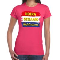 Hoera geslaagd gefeliciteerd t-shirt roze dames