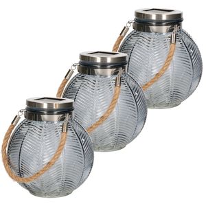 3x stuks grijze solar lantaarn van gestreept glas rond 16 cm