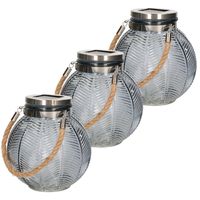 3x stuks grijze solar lantaarn van gestreept glas rond 16 cm