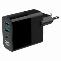 3-poorts 30 W GaN USB snellader, LCD, zwart