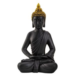 Boeddha beeldje zittend - binnen/buiten - kunststeen - zwart/goud - 30 x 17 cm