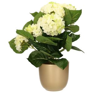 Hortensia kunstplant/kunstbloemen 36 cm - wit/groen - in pot goud glans