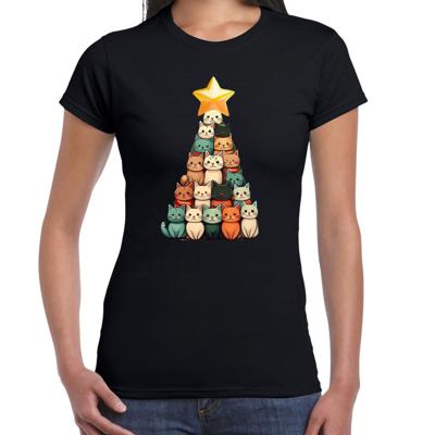 Kerst T-shirt voor dames - kerstboom van katjes - zwart - kerstkatjes - Kerstmis