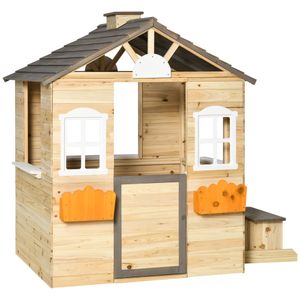 Outsunny speelhuis voor kinderen, houten kinderspeelhuis met raam, brievenbus, buitentuin speelhuis met bloempottenrek, houten speelhuis voor 3-7 jaar
