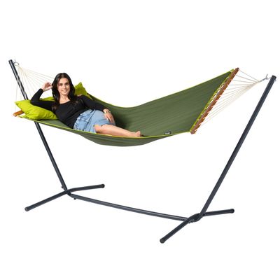 Hangmat met Standaard Tweepersoons 'Easy & American' Green - Groen - Amerikaanse, Spreidstang, Weerbestendig - 150 kg - Tropilex