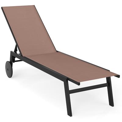 Tuinligstoel op Wielen met in 6 Standen Verstelbare Rugleuning en Ademende Stoelbekleding-Bruin