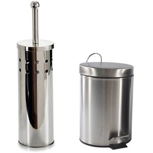 Toiletborstel houder zilver rvs 38 cm met pedaalemmer 3 liter