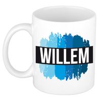 Naam cadeau mok / beker Willem met blauwe verfstrepen 300 ml   - - thumbnail