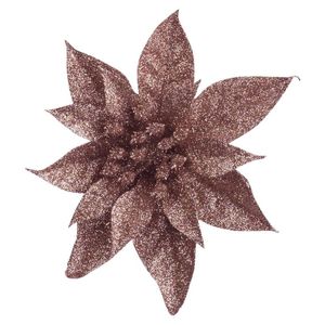 1x Kerstboomversiering op clip donker beige glitter bloem 15 cm