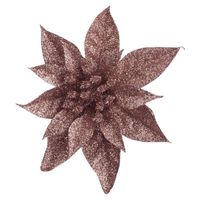 1x Kerstboomversiering op clip donker beige glitter bloem 15 cm - thumbnail