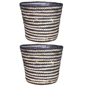 Set van 2x stuks naturel zwart rotan planten pot mand van gedraaid jute/riet H18 en D20.5 cm