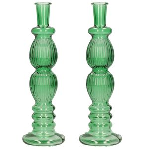 Bloemenvaas Florence - 2x - voor kleine stelen/boeketten - groen glas - ribbel - D9 x H28 cm