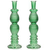 Bloemenvaas Florence - 2x - voor kleine stelen/boeketten - groen glas - ribbel - D9 x H28 cm