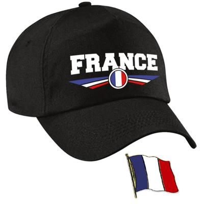 Frankrijk supporters setje - baseballcap print zwart - colbert pin broche vlag - volwassenen