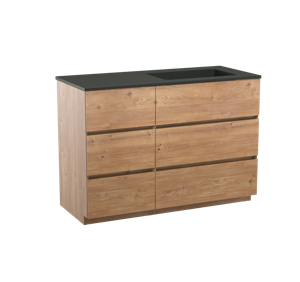 Storke Edge staand badmeubel 120 x 52 cm ruw eiken met Scuro asymmetrisch rechtse wastafel in mat kwarts