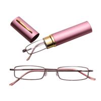Leesbrillen metalen voorjaar voet draagbare Presbyopische bril met buis geval + 1.50 D (roze)